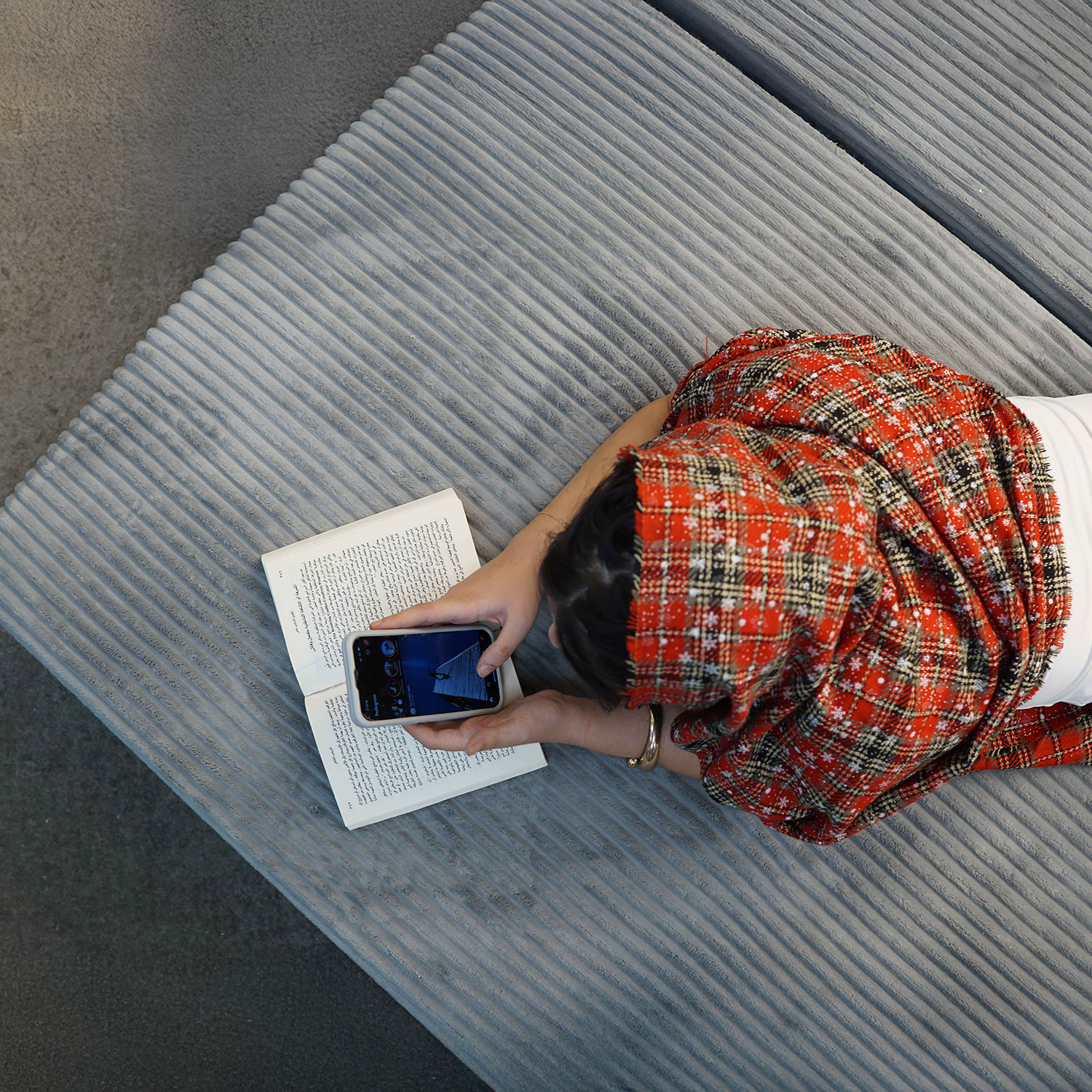 Team collaborating on a yellow sofa design.